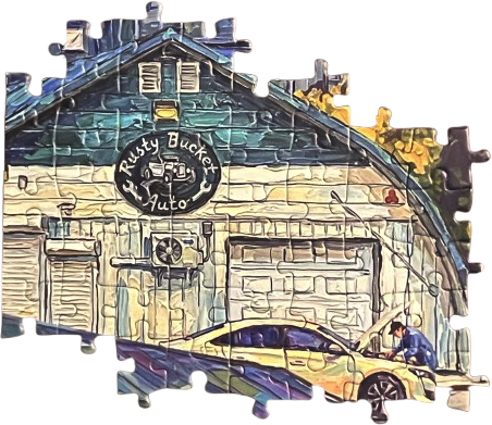 A painting of the Rusty Bucket, an auto shop in Wawanesa